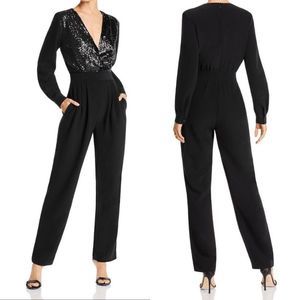 LINI XS Jumpsuit Sequins Long Sleeve Straight Leg Party V Surplice Neck Faux Wra